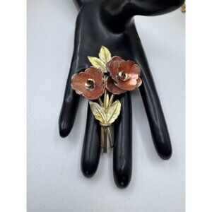 VINTAGE ART DECO LARGE FLOWER BOUQUET BROOCH PIN 2 FLOWER ROSE LEAF ENAMEL